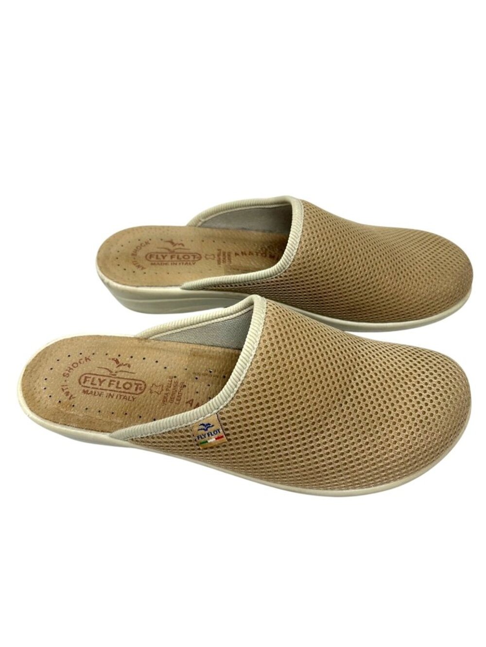 Fly Flot Shoes Womens 9-9.5 Mule Clogs Beige Mesh Slip-On Closed-Toe Italy